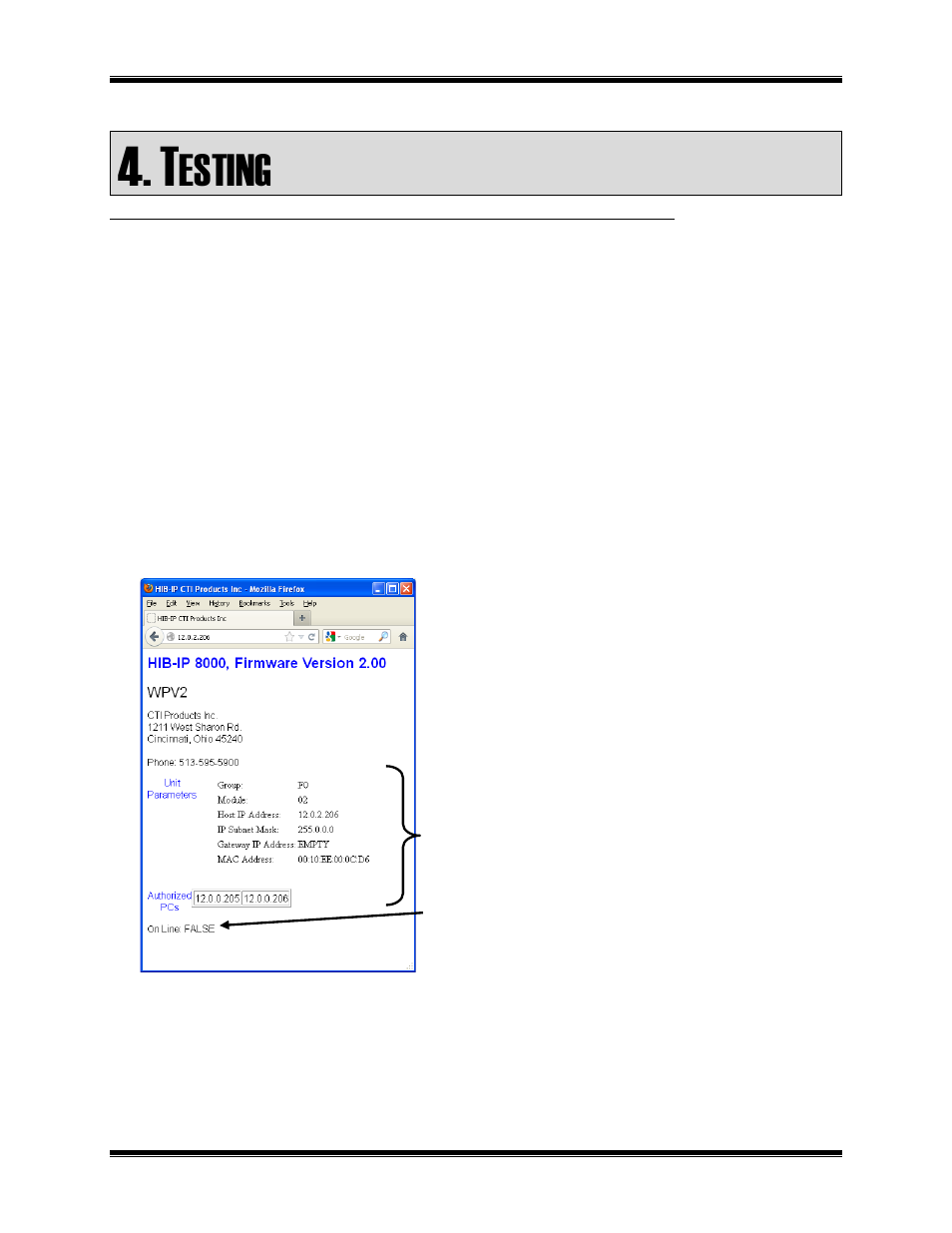 Testing, Http, Tatus | Esting | CTI Products HIB-IP IP Interface User Manual | Page 17 / 36