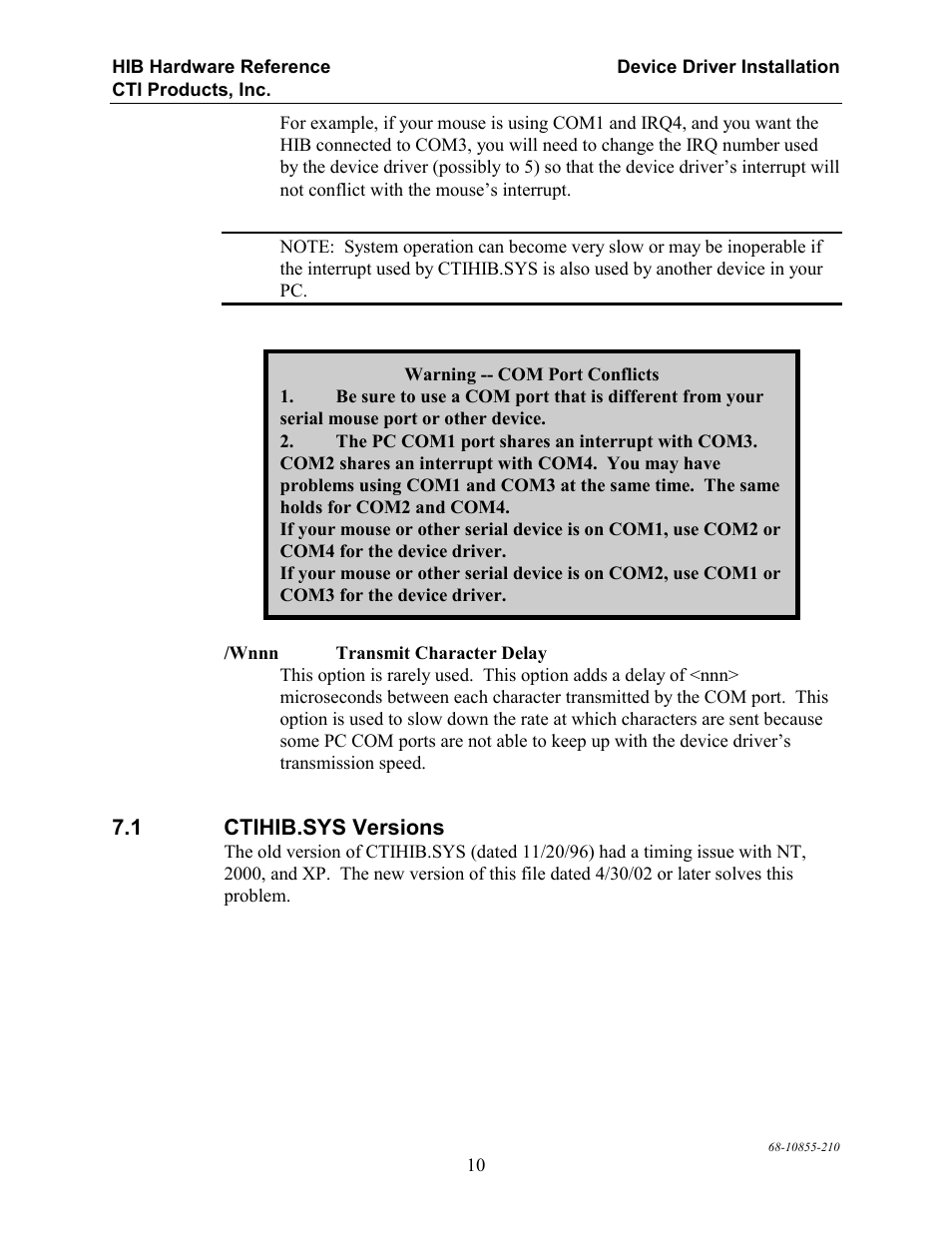 Ctihib.sys versions | CTI Products HIB-232 Serial Interface User Manual | Page 14 / 19