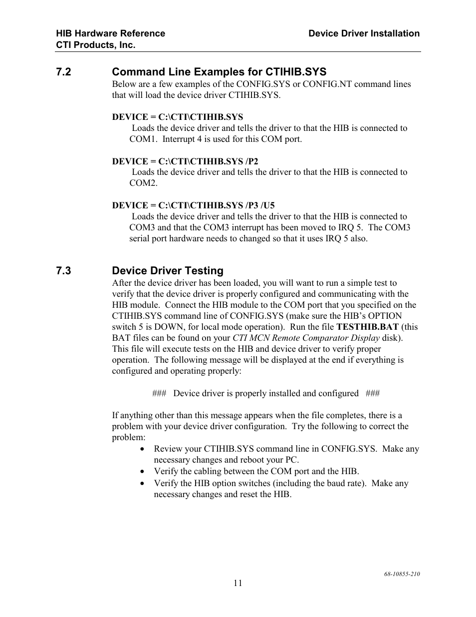 Command line examples for ctihib.sys, Device driver testing | CTI Products HIB-232 Serial Interface User Manual | Page 15 / 19
