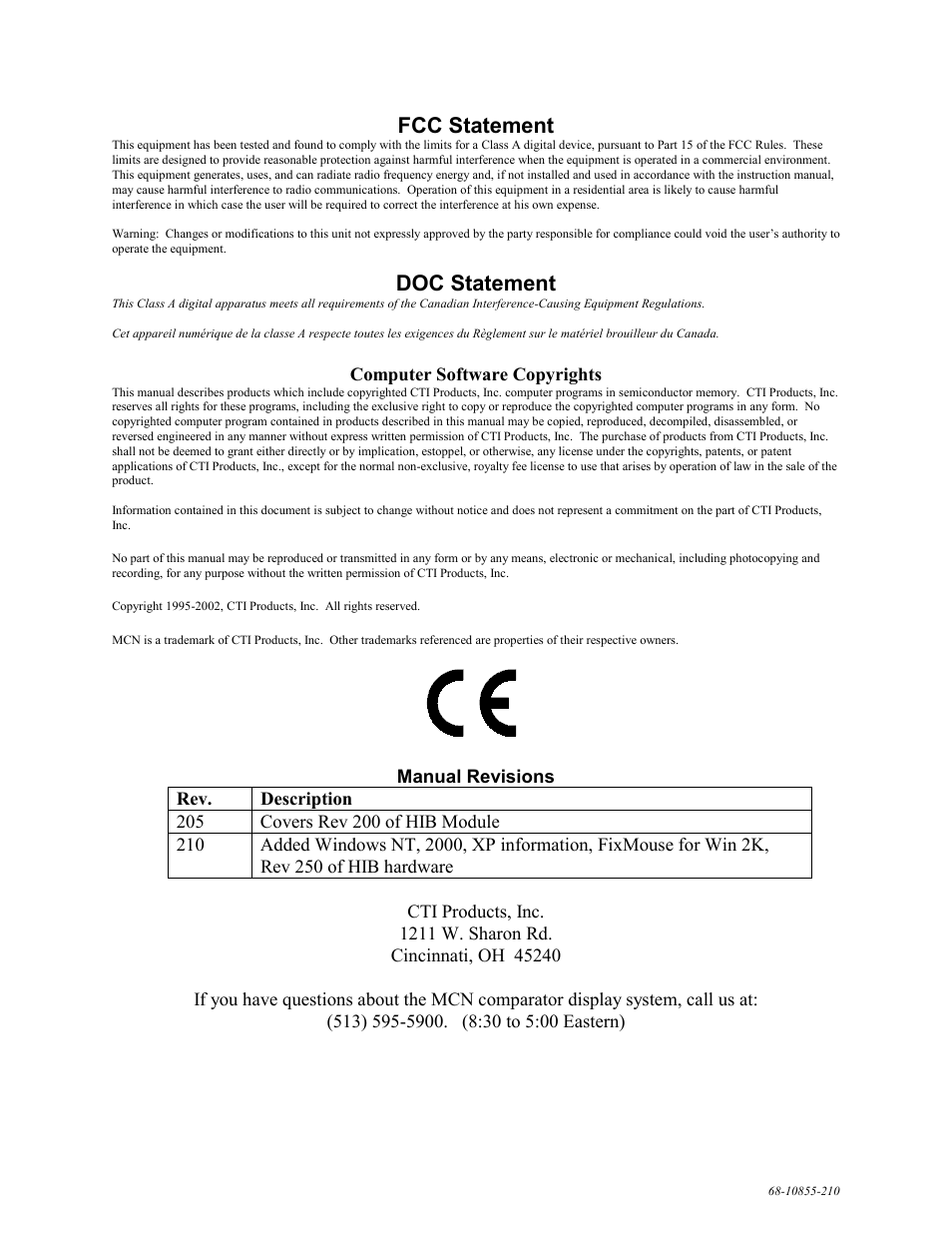 Fcc statement, Doc statement | CTI Products HIB-232 Serial Interface User Manual | Page 2 / 19