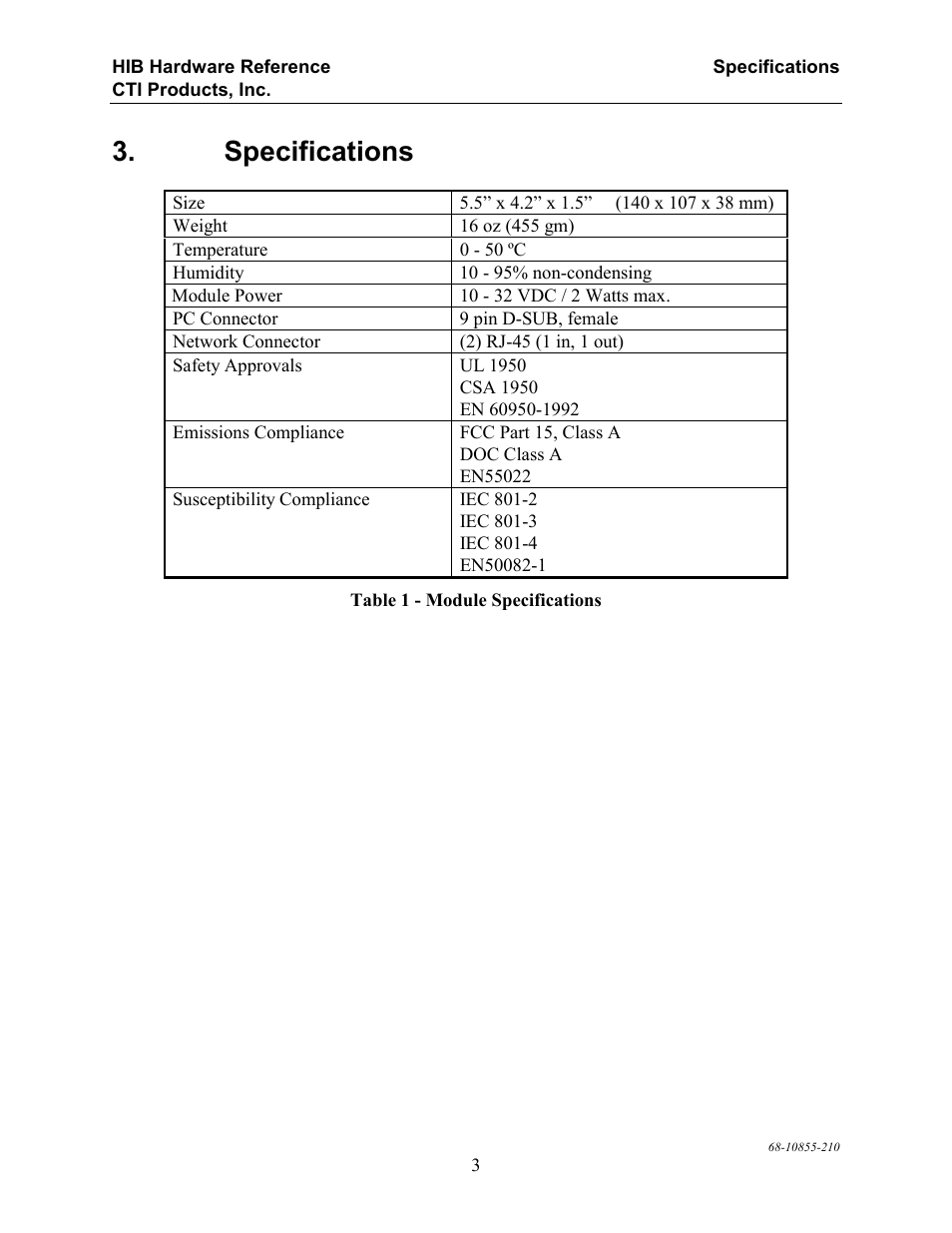 Specifications | CTI Products HIB-232 Serial Interface User Manual | Page 7 / 19