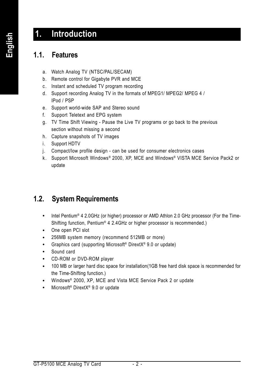 Introduction, English, Features | System requirements | GIGABYTE GT-P5100 User Manual | Page 2 / 37