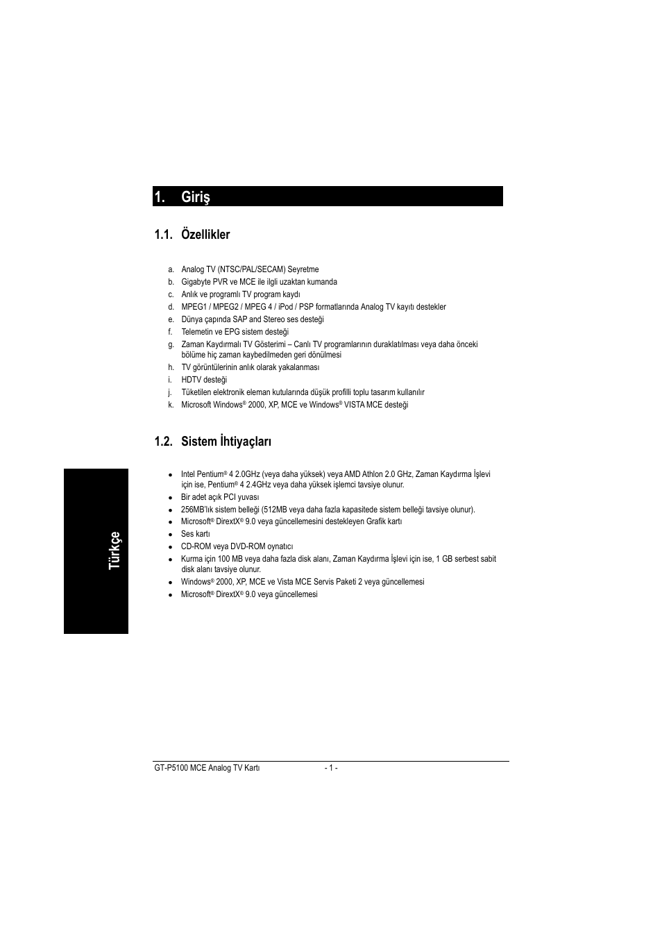 Giriş, Türkçe, Özellikler | Sistem ihtiyaçları | GIGABYTE GT-P5100 User Manual | Page 20 / 37