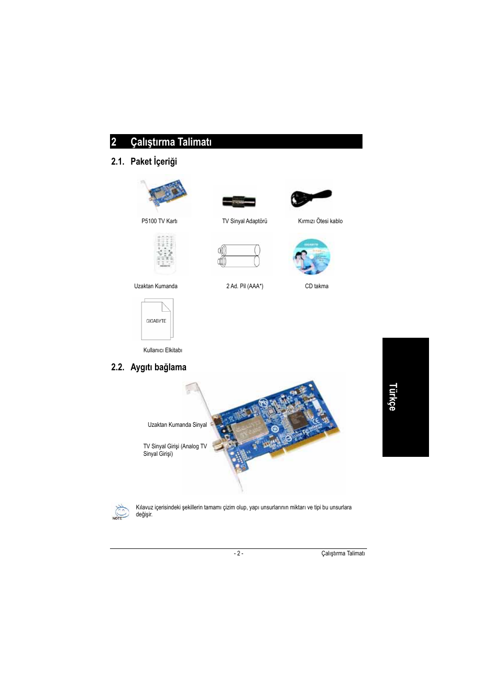 2 çalıştırma talimatı, Tü rk çe, Paket içeriği | Aygıtı bağlama | GIGABYTE GT-P5100 User Manual | Page 21 / 37