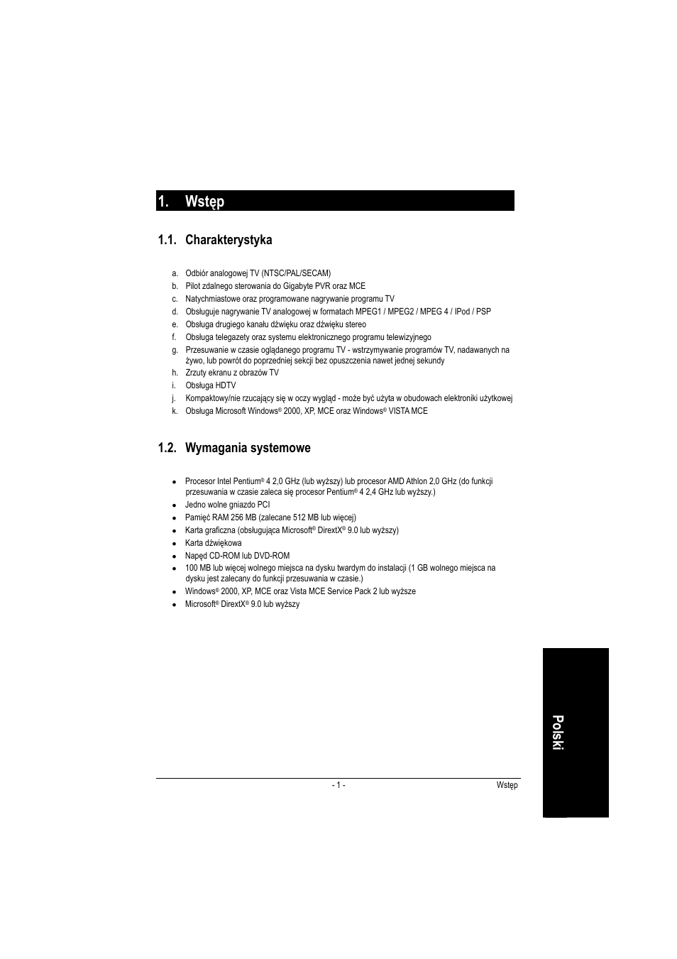 Wstęp, Po lsk i, Charakterystyka | Wymagania systemowe | GIGABYTE GT-P5100 User Manual | Page 23 / 37