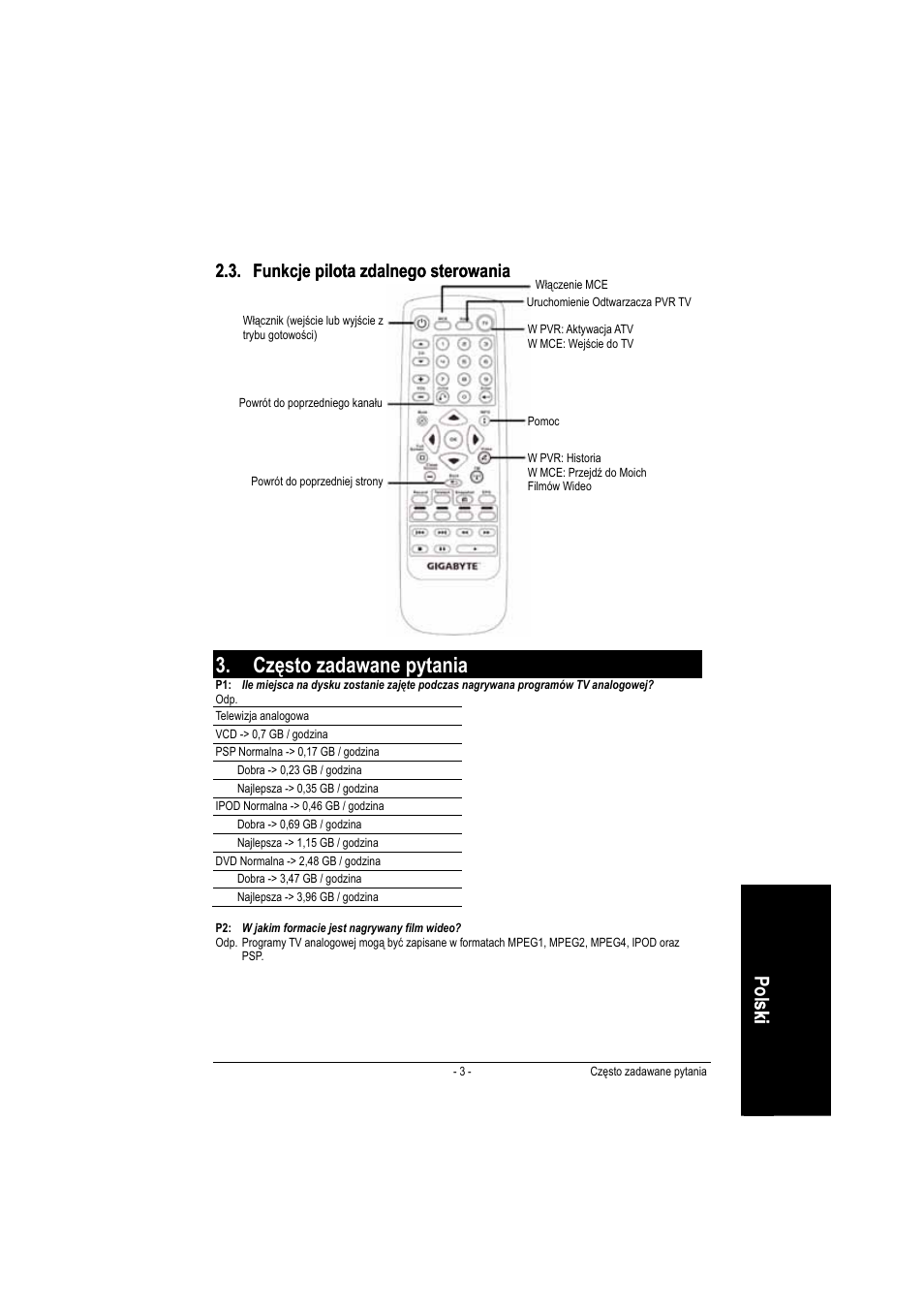 Często zadawane pytania, Po lsk i sk i, Funkcje pilota zdalnego sterowania | GIGABYTE GT-P5100 User Manual | Page 25 / 37