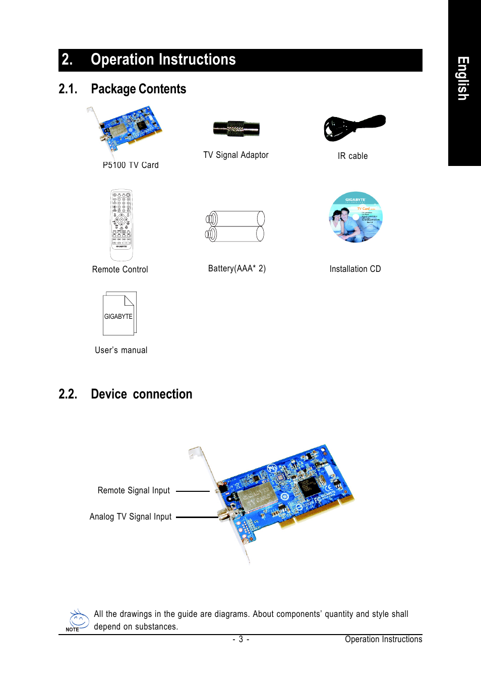 Operation instructions, English, Package contents | Device connection | GIGABYTE GT-P5100 User Manual | Page 3 / 37
