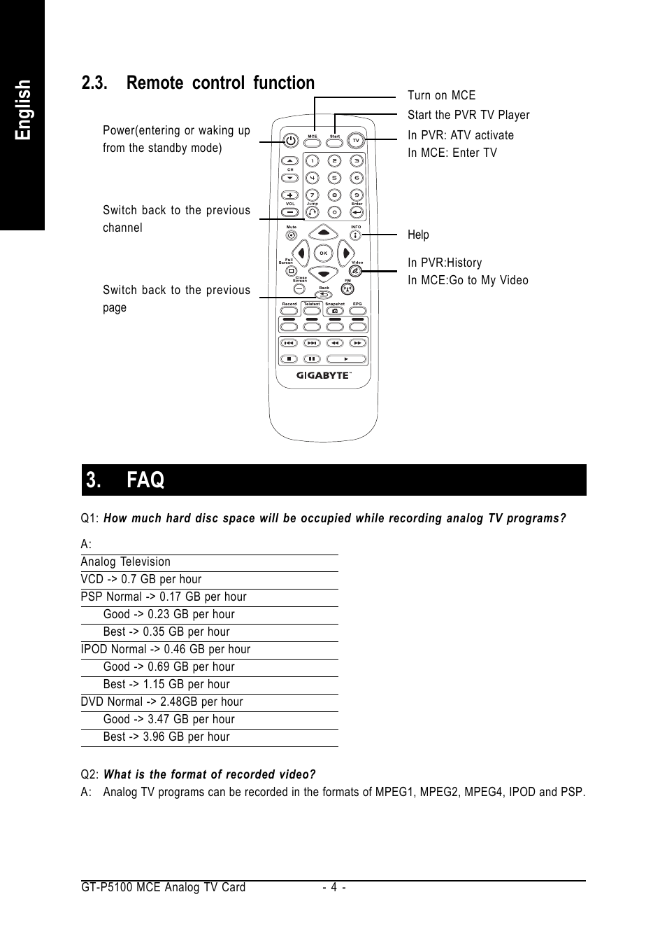 English, Remote control function | GIGABYTE GT-P5100 User Manual | Page 4 / 37
