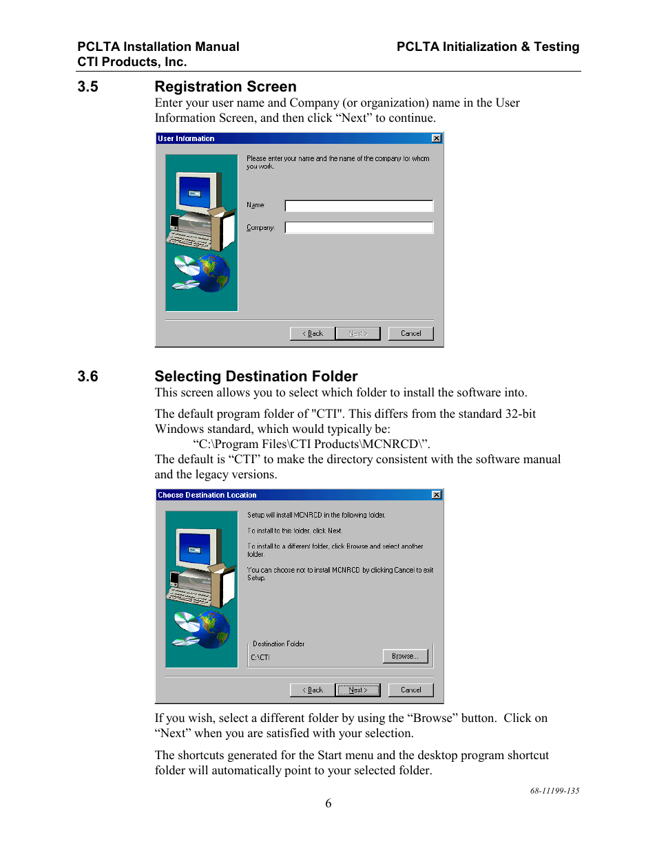 Registration screen, Selecting destination folder, Egistration | Creen, Electing, Estination, Older | CTI Products PCLTA PCI Interface User Manual | Page 10 / 33