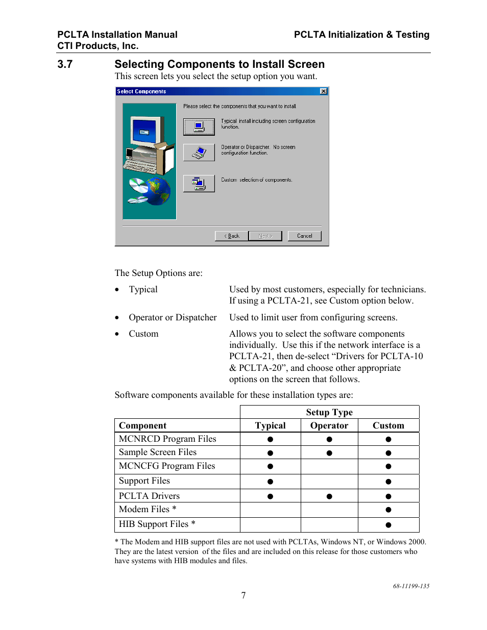 Selecting components to install screen, Electing, Omponents to | Nstall, Creen | CTI Products PCLTA PCI Interface User Manual | Page 11 / 33