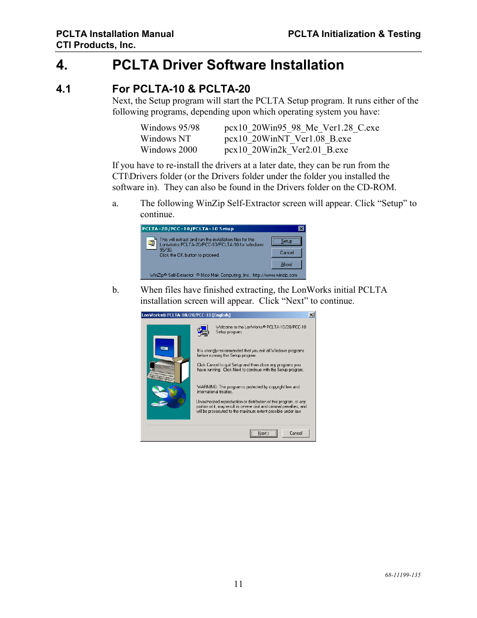 Pclta driver software installation, For pclta-10 & pclta-20 | CTI Products PCLTA PCI Interface User Manual | Page 15 / 33