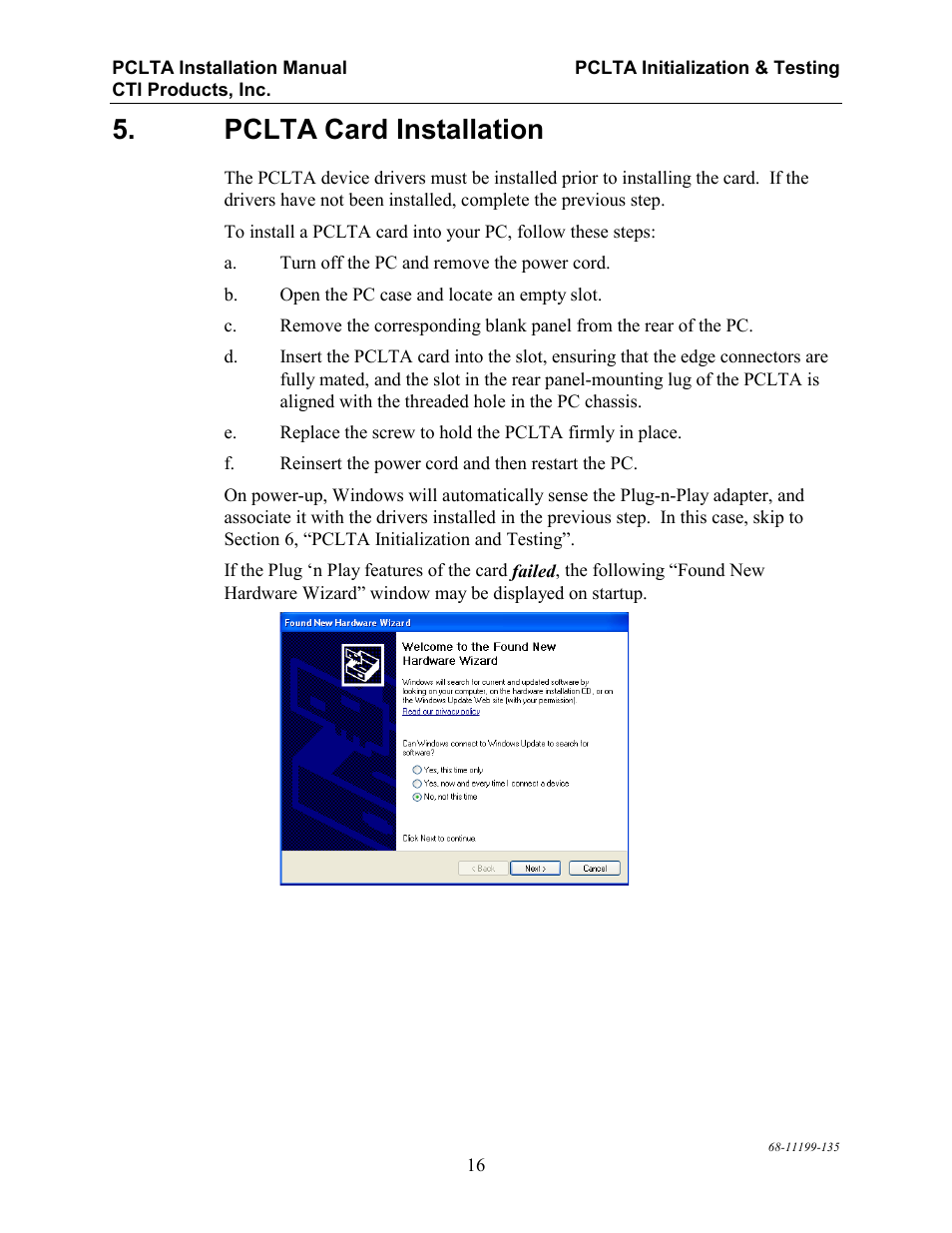 Pclta card installation | CTI Products PCLTA PCI Interface User Manual | Page 20 / 33