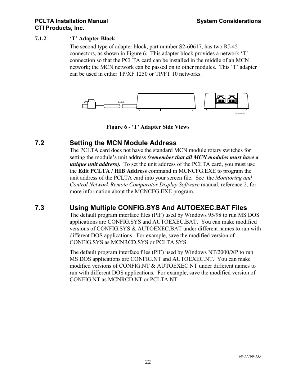 Setting the mcn module address, Using multiple config.sys and autoexec.bat files, T’ adapter block | Etting the, Mcn m, Odule, Ddress, Sing, Ultiple, Config.sys a | CTI Products PCLTA PCI Interface User Manual | Page 26 / 33