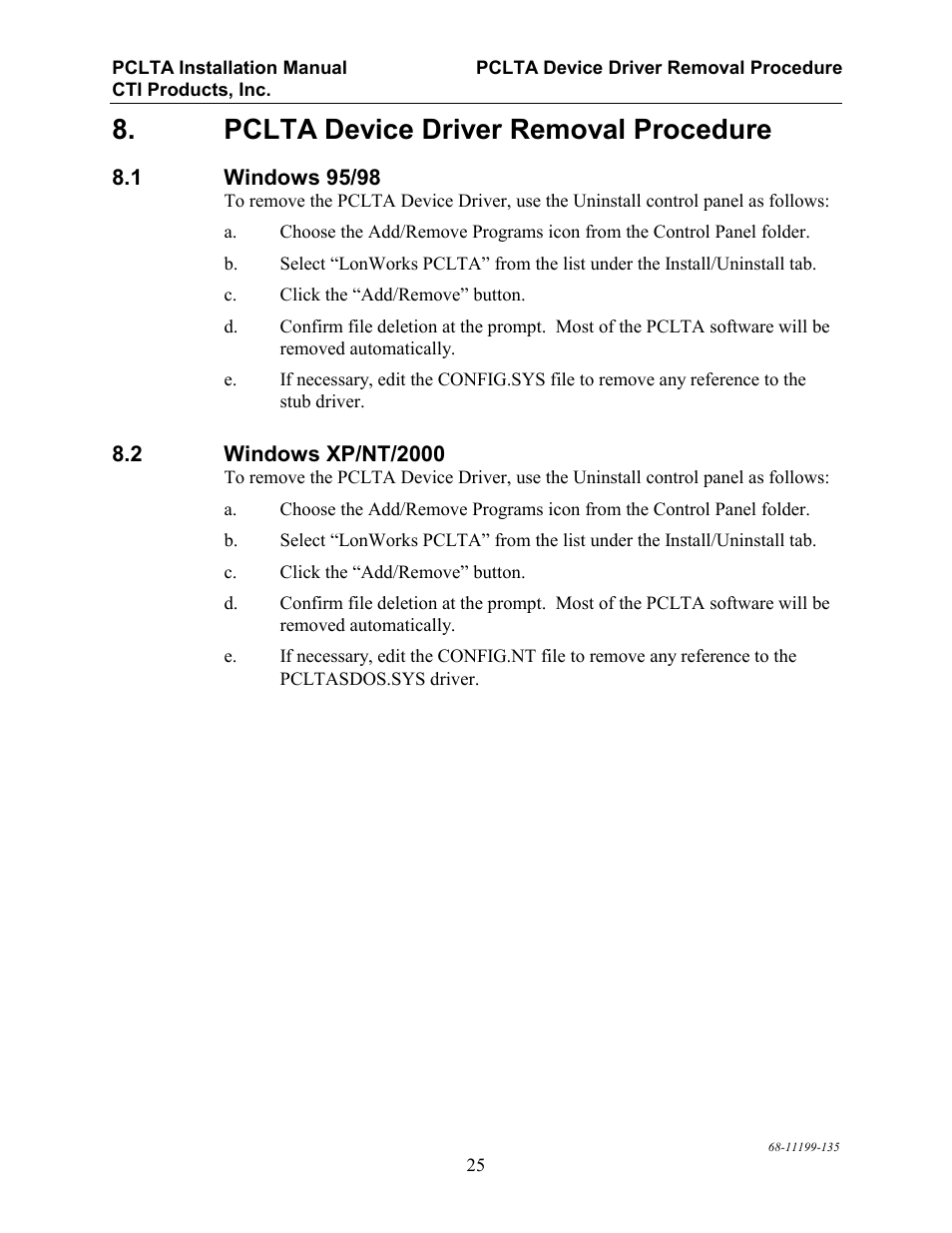 Pclta device driver removal procedure, Windows 95/98, Windows xp/nt/2000 | Indows, Nt/2000 | CTI Products PCLTA PCI Interface User Manual | Page 29 / 33