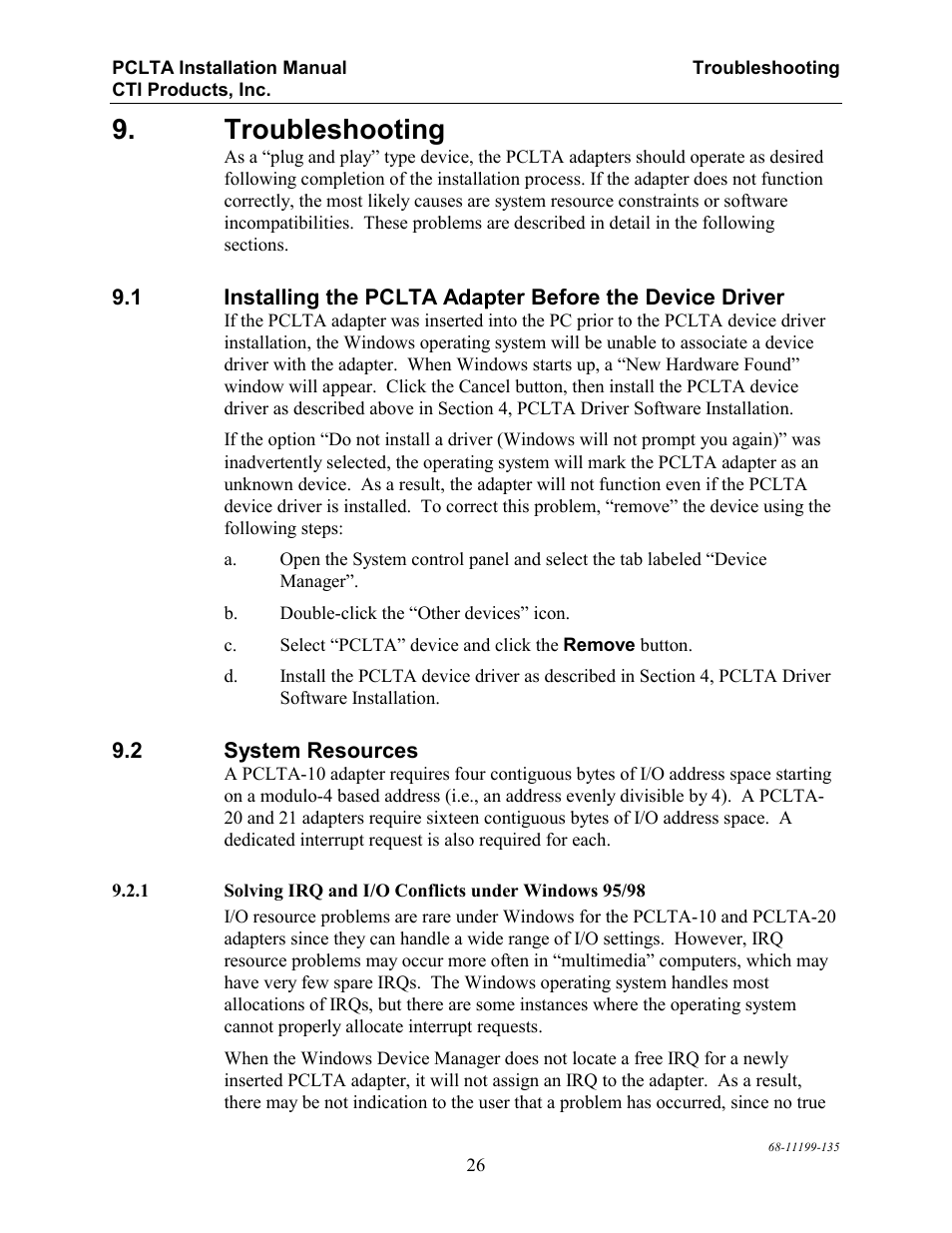 Troubleshooting, System resources, Nstalling the | Pclta a, Dapter, Efore the, Evice, River, Ystem, Esources | CTI Products PCLTA PCI Interface User Manual | Page 30 / 33