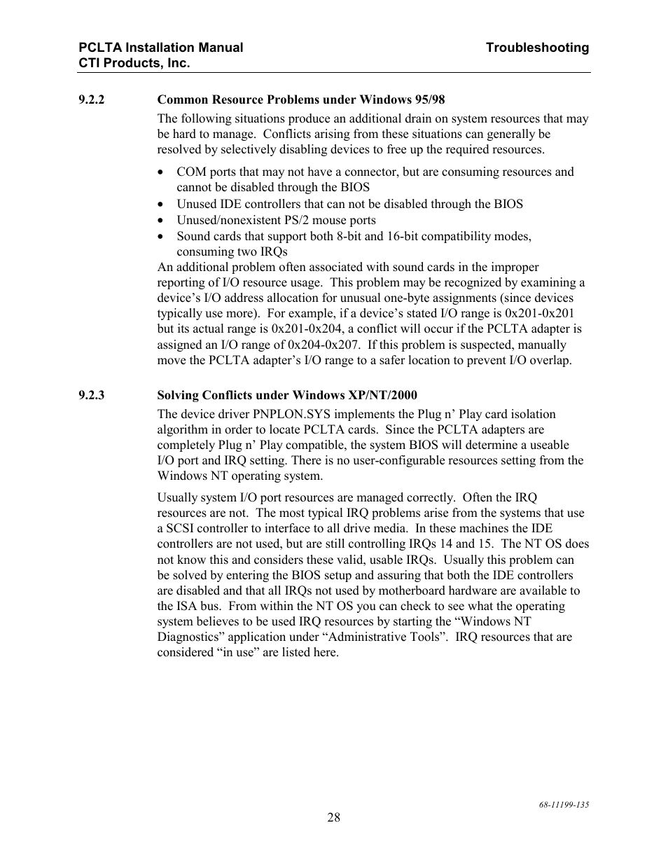 Common resource problems under windows 95/98, Solving conflicts under windows nt/2000 | CTI Products PCLTA PCI Interface User Manual | Page 32 / 33