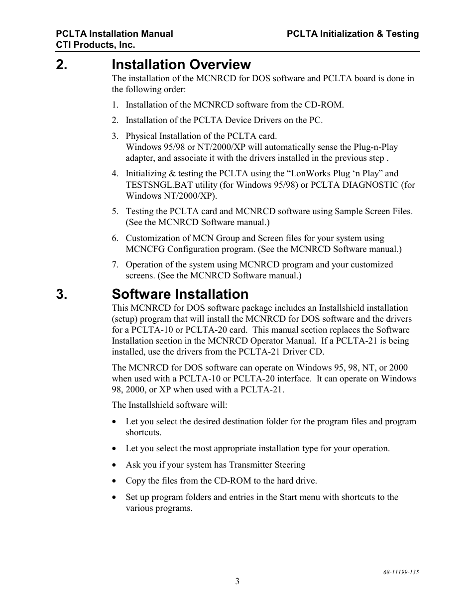 Installation overview, Software installation | CTI Products PCLTA PCI Interface User Manual | Page 7 / 33