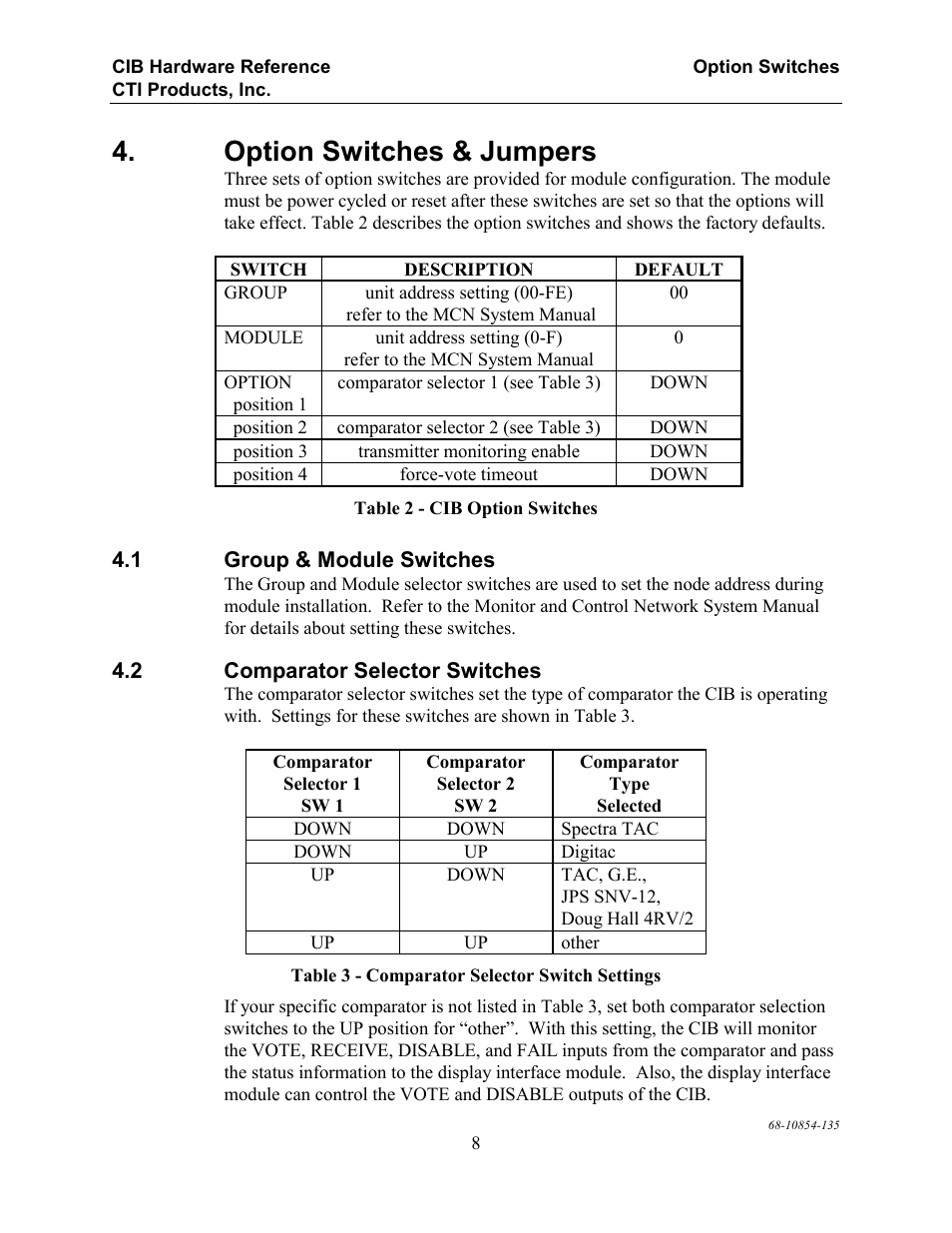 Option switches & jumpers, Group & module switches, Comparator selector switches | CTI Products CIB Comparator Interface User Manual | Page 14 / 40