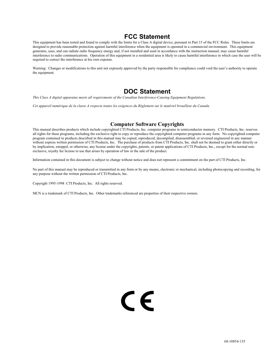 Fcc statement, Doc statement, Computer software copyrights | CTI Products CIB Comparator Interface User Manual | Page 2 / 40