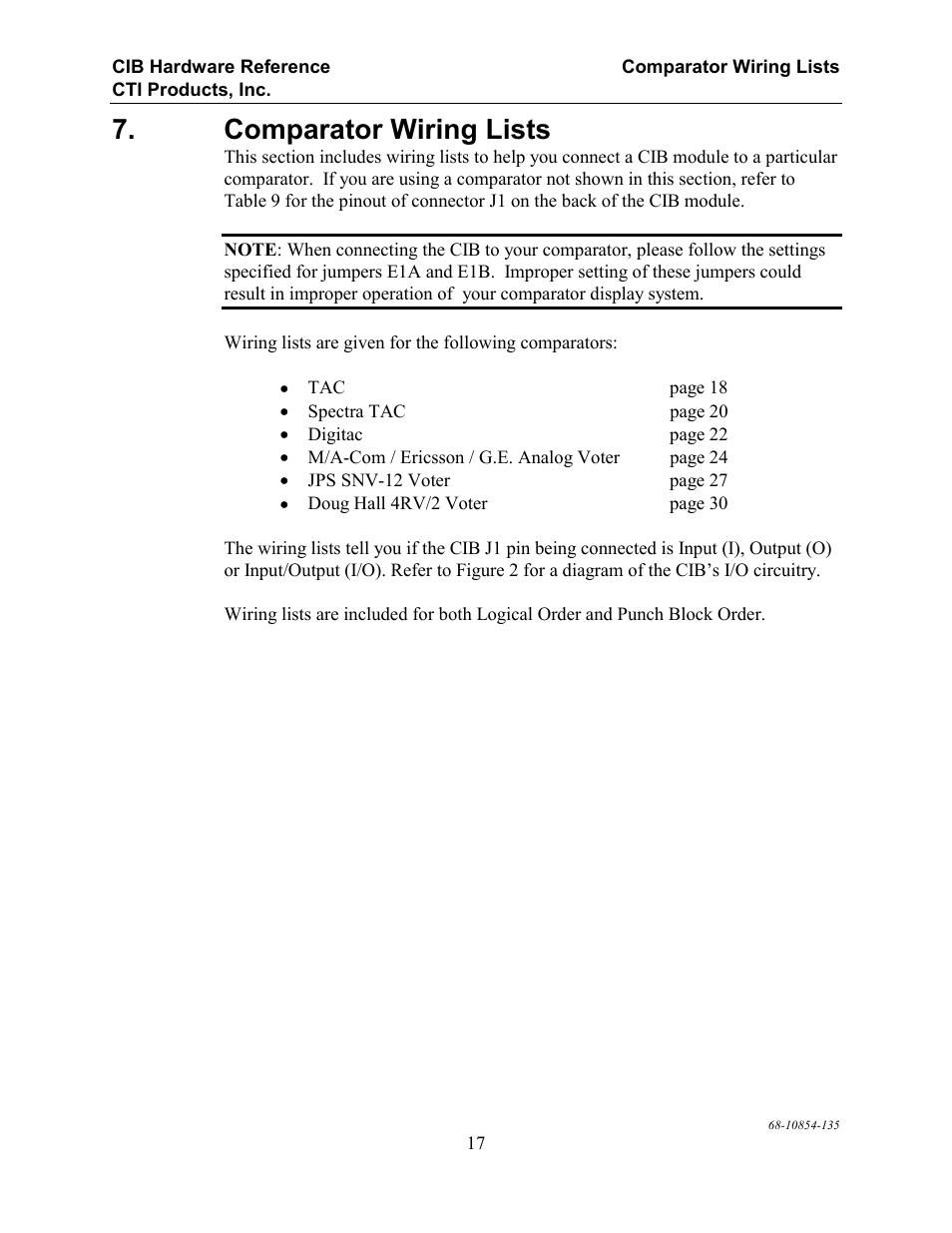 Comparator wiring lists | CTI Products CIB Comparator Interface User Manual | Page 23 / 40