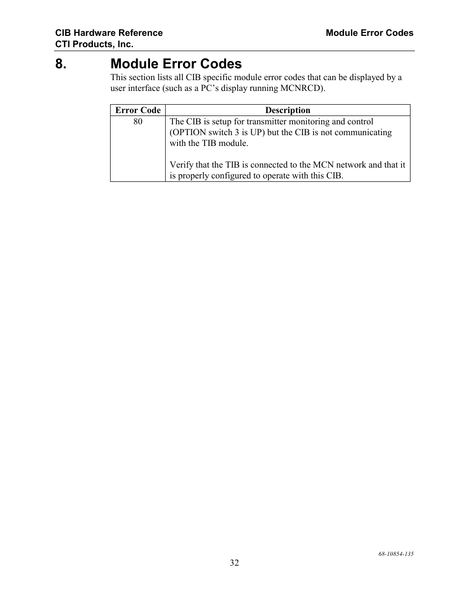 Module error codes | CTI Products CIB Comparator Interface User Manual | Page 38 / 40