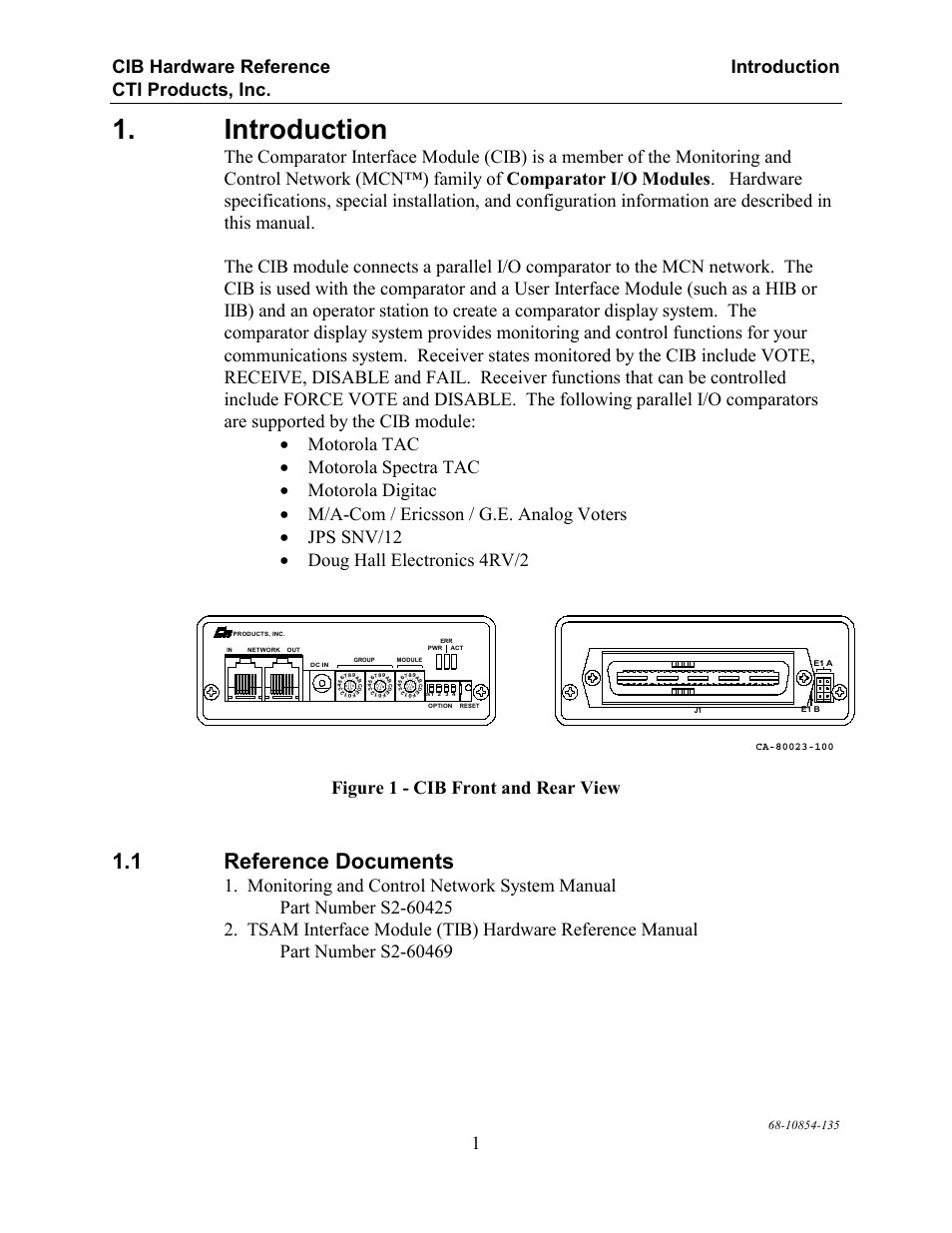 Introduction, Reference documents, 1 reference documents | Figure 1 - cib front and rear view | CTI Products CIB Comparator Interface User Manual | Page 7 / 40