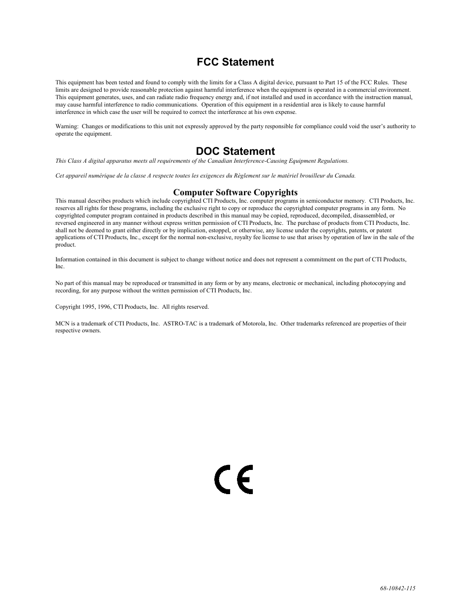 Fcc statement, Doc statement, Computer software copyrights | CTI Products AIB AstroTAC Interface User Manual | Page 2 / 19