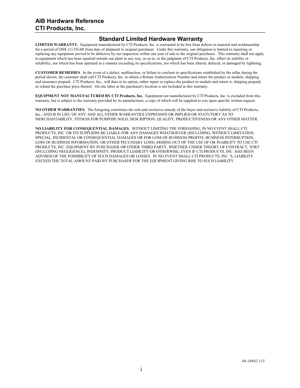 Aib hardware reference cti products, inc, Istandard limited hardware warranty | CTI Products AIB AstroTAC Interface User Manual | Page 3 / 19