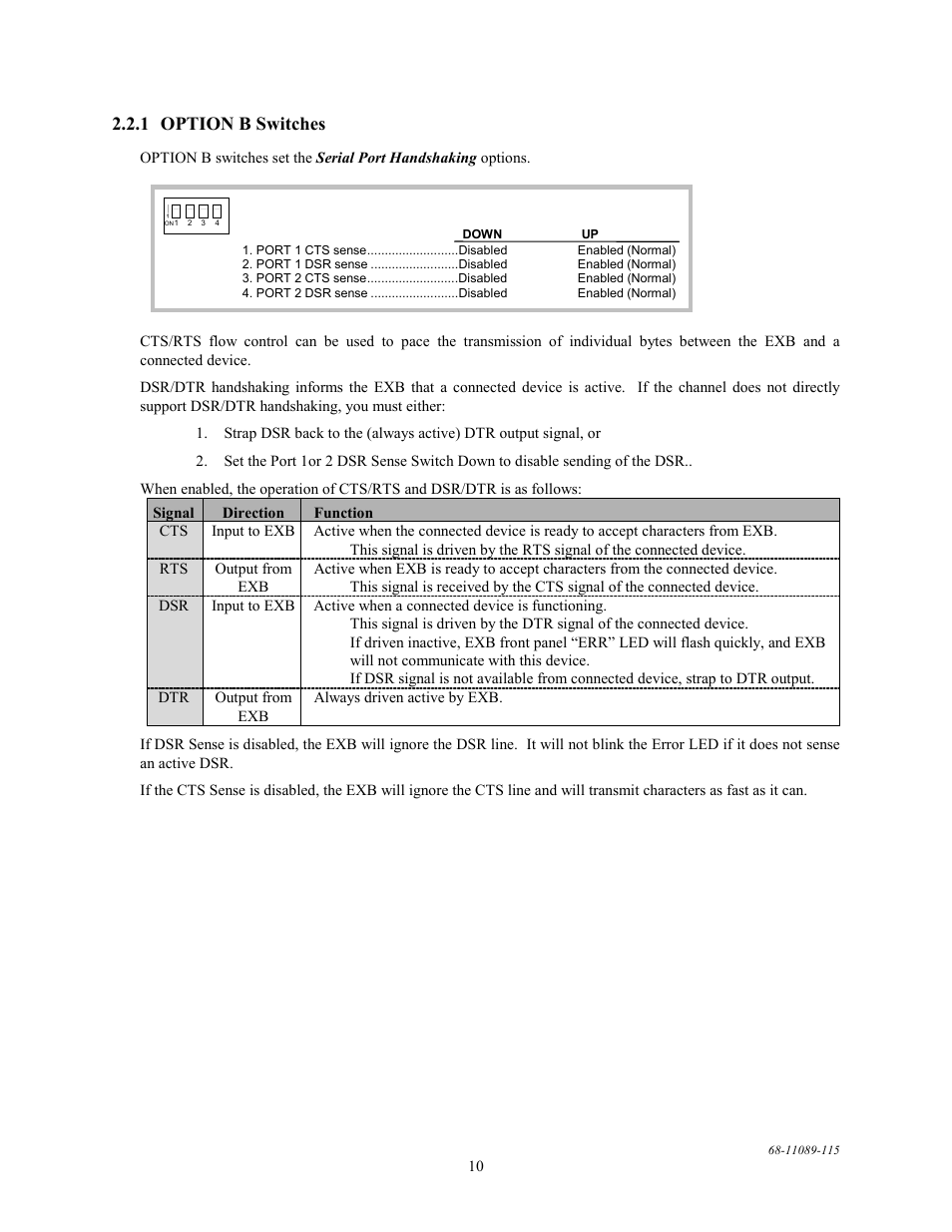 Option b switches, 1 option b switches | CTI Products EXB-232 Asynchronous Serial System Extender User Manual | Page 14 / 31