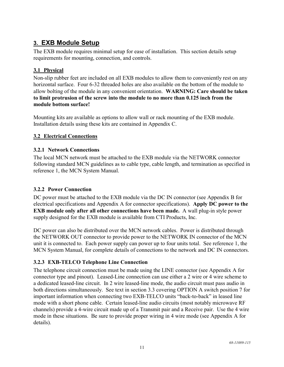 Exb module setup, Physical, Electrical connections | Network connections, Power connection, Exb-telco telephone line connection | CTI Products EXB-232 Asynchronous Serial System Extender User Manual | Page 15 / 31