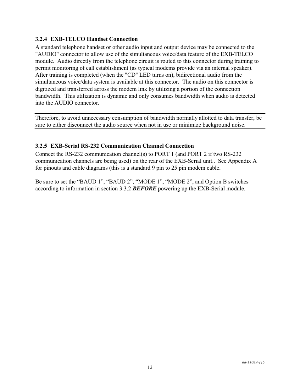 Exb-telco handset connection, Exb-serial rs-232 communication channel connection | CTI Products EXB-232 Asynchronous Serial System Extender User Manual | Page 16 / 31