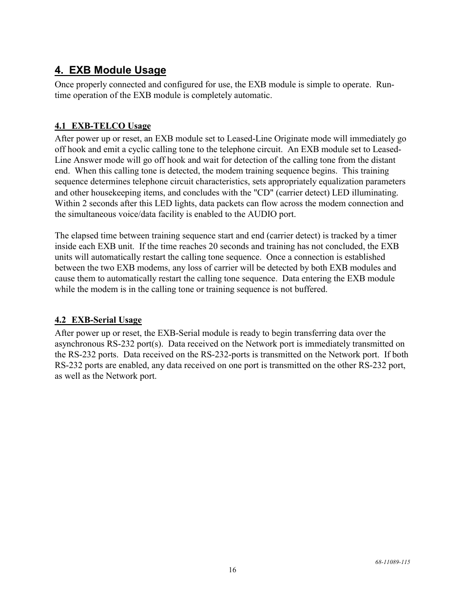 Exb module usage, Exb-telco usage, Exb-serial usage | CTI Products EXB-232 Asynchronous Serial System Extender User Manual | Page 20 / 31