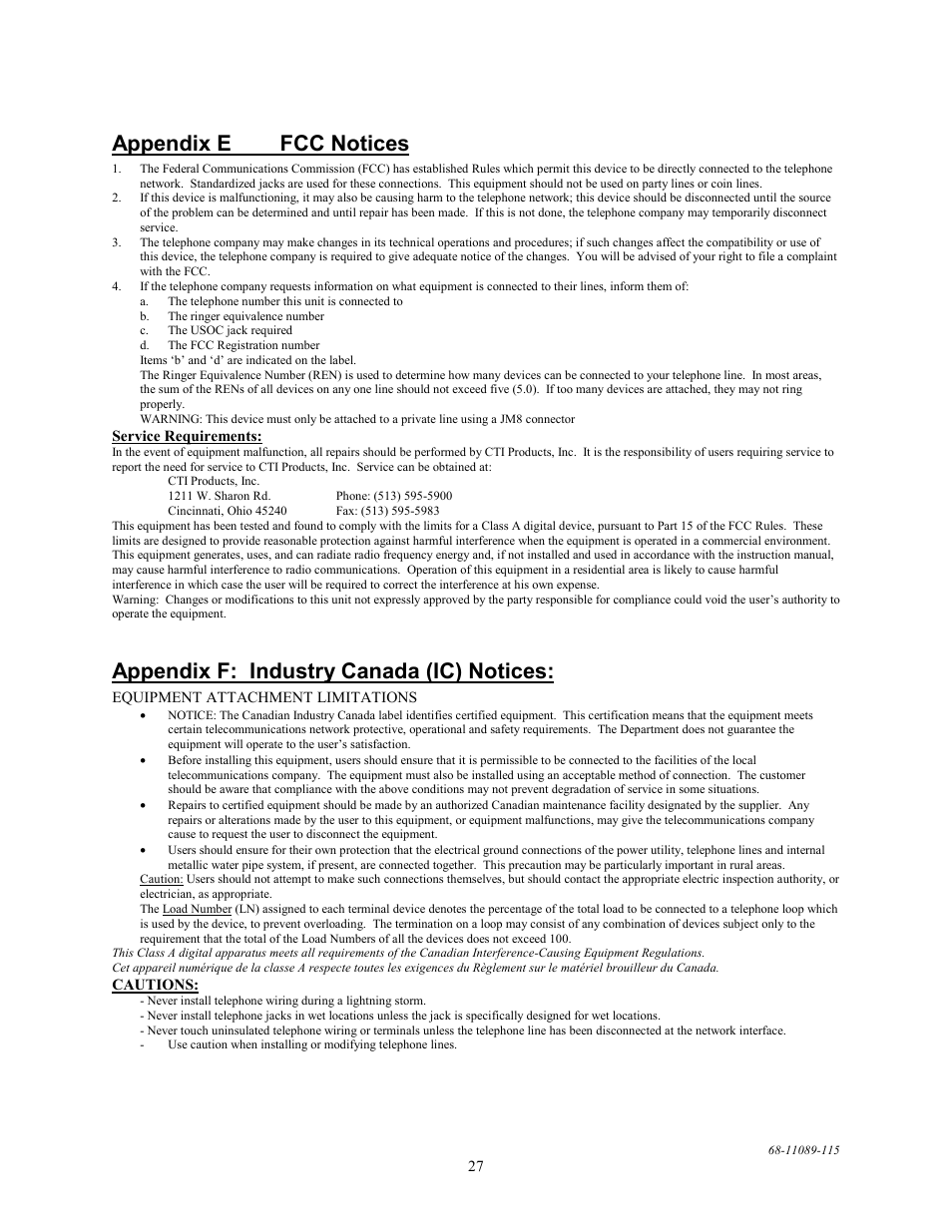 Appendix e fcc notices, Appendix f: industry canada (ic) notices | CTI Products EXB-232 Asynchronous Serial System Extender User Manual | Page 31 / 31