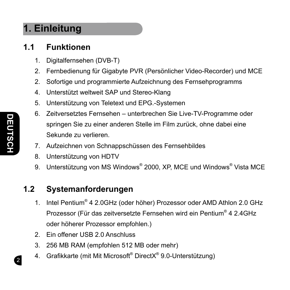 Einleitung, English, English deutsch english english | 1 funktionen, 2 systemanforderungen | GIGABYTE GT-U7200 User Manual | Page 10 / 49