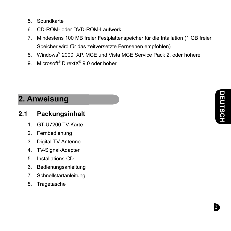 Anweisung, English, English deutsch english english | 1 packungsinhalt | GIGABYTE GT-U7200 User Manual | Page 11 / 49