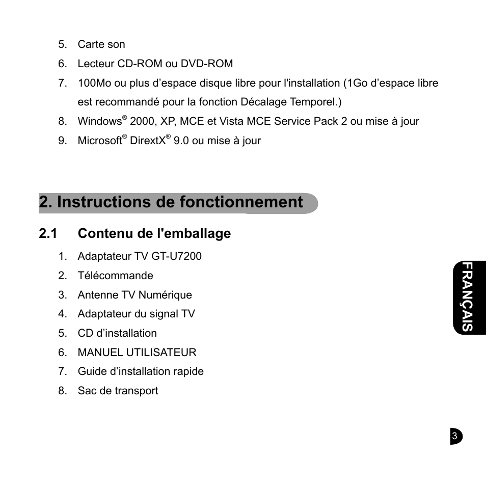 Instructions de fonctionnement, English, English français english | 1 contenu de l'emballage | GIGABYTE GT-U7200 User Manual | Page 15 / 49