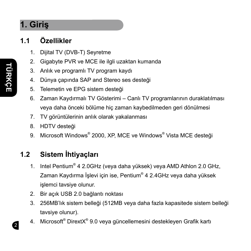 Giriş, English türkçe english english english, 1 özellikler | 2 sistem ihtiyaçları | GIGABYTE GT-U7200 User Manual | Page 26 / 49