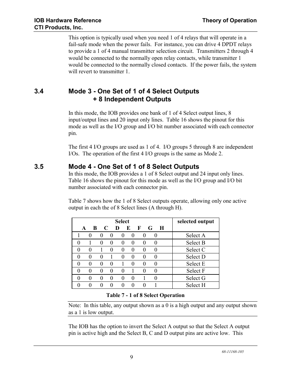 Mode 3 - one set of 1 of 4 select outputs, 8 independent outputs, Mode 4 - one set of 1 of 8 select outputs | Table 7 - 1 of 8 select operation | CTI Products IOB I/O Interface User Manual | Page 14 / 33