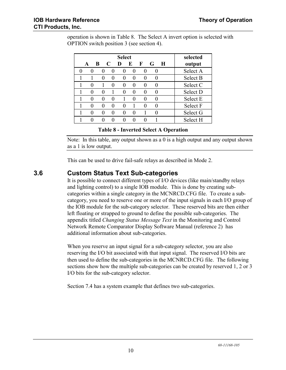 Table 8 - inverted select a operation, Custom status text sub-categories | CTI Products IOB I/O Interface User Manual | Page 15 / 33