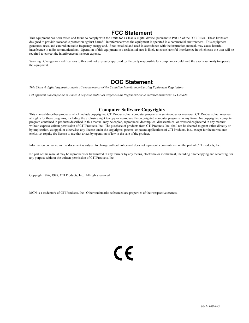 Fcc statement, Doc statement, Computer software copyrights | CTI Products IOB I/O Interface User Manual | Page 2 / 33