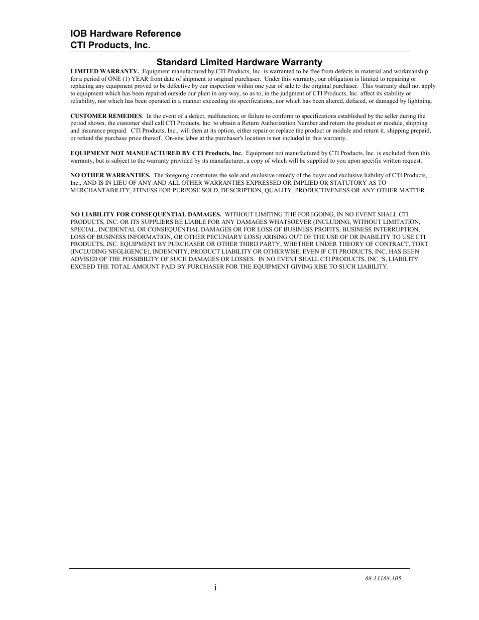 Iob hardware reference cti products, inc, Istandard limited hardware warranty | CTI Products IOB I/O Interface User Manual | Page 3 / 33