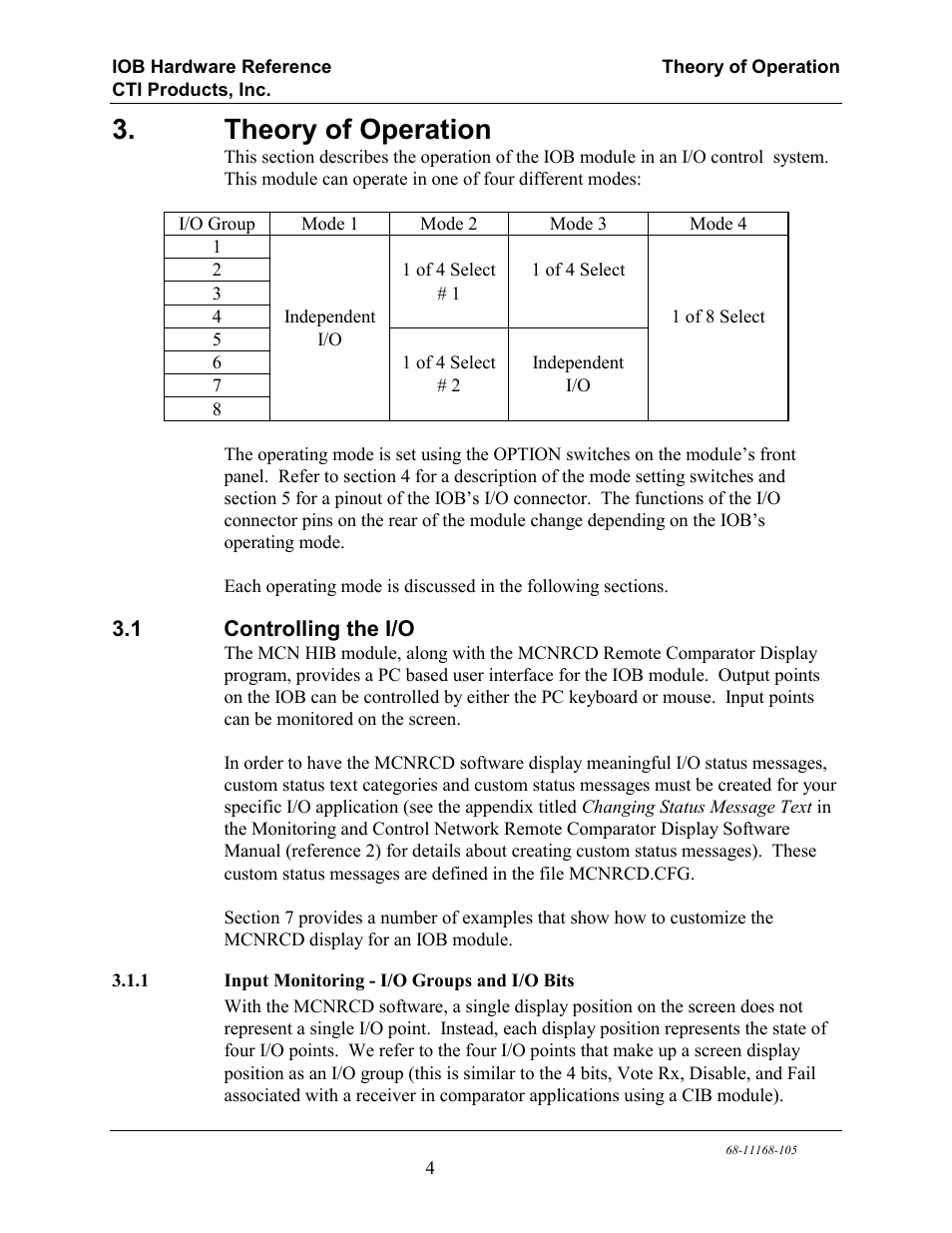 Theory of operation, Controlling the i/o, Input monitoring - i/o groups and i/o bits | CTI Products IOB I/O Interface User Manual | Page 9 / 33