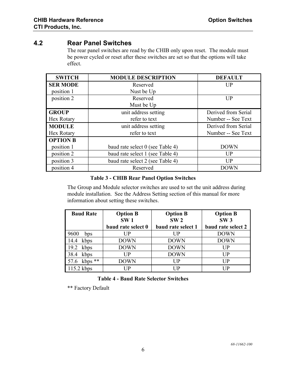 Rear panel switches | CTI Products CHIB CommandSTAR Lite Host Interface Module User Manual | Page 10 / 22