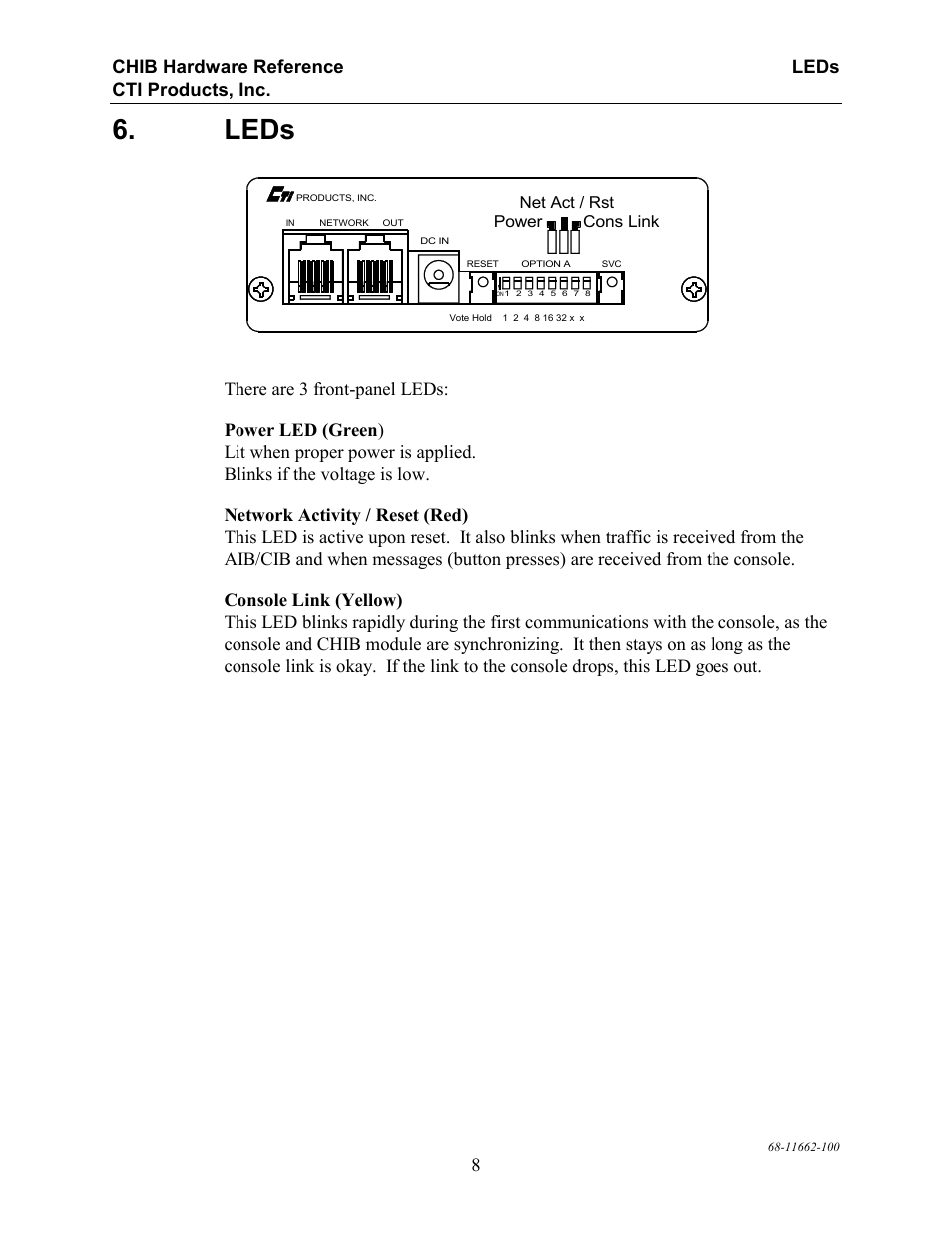 Leds, Chib hardware reference leds cti products, inc | CTI Products CHIB CommandSTAR Lite Host Interface Module User Manual | Page 12 / 22