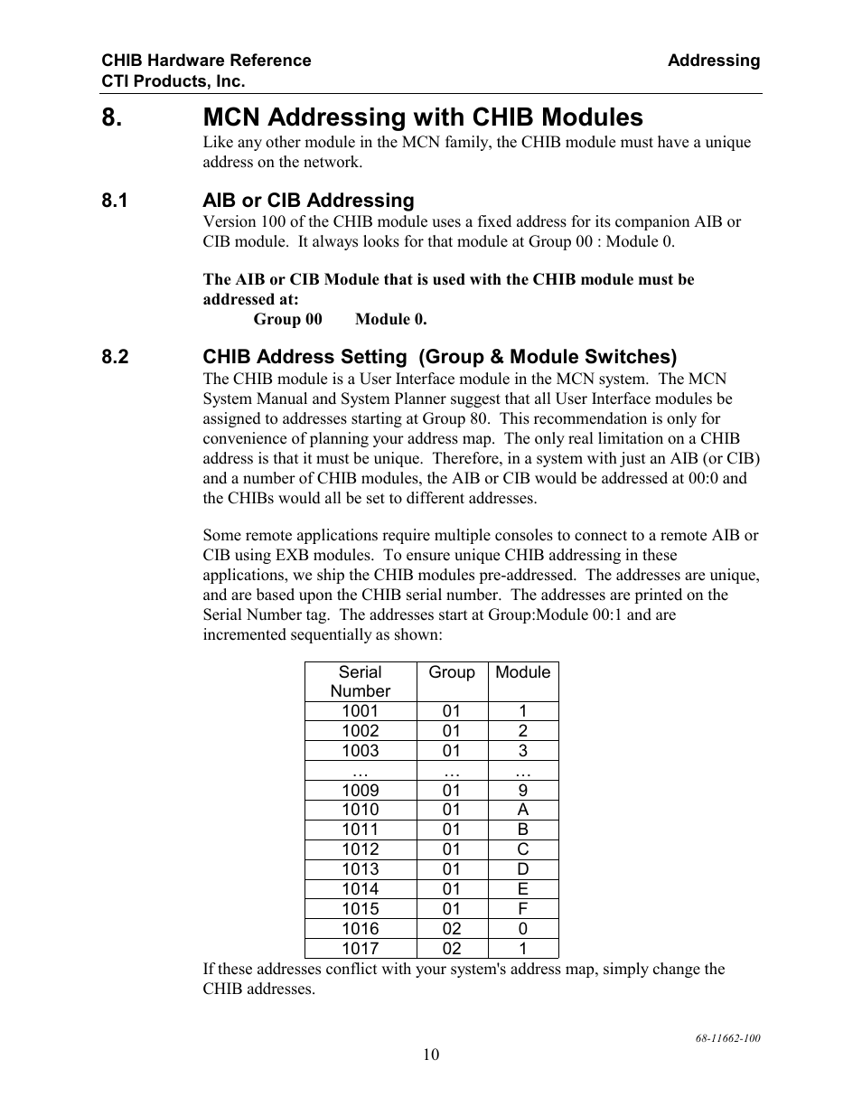 Mcn addressing with chib modules, Aib or cib addressing, Chib address setting (group & module switches) | CTI Products CHIB CommandSTAR Lite Host Interface Module User Manual | Page 14 / 22