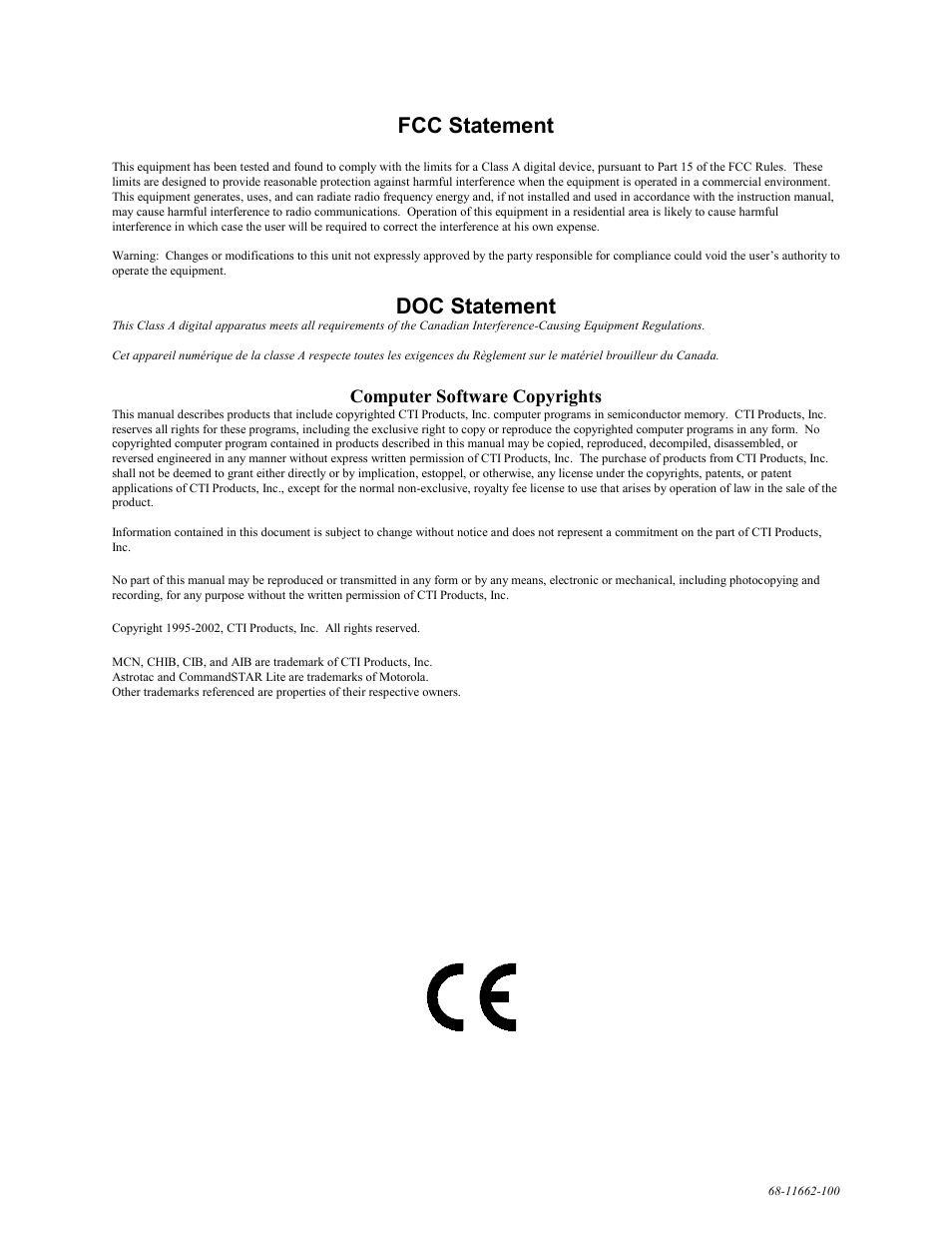 Fcc statement, Doc statement, Computer software copyrights | CTI Products CHIB CommandSTAR Lite Host Interface Module User Manual | Page 2 / 22