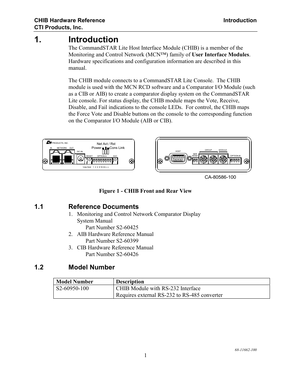 Introduction, Reference documents, Model number | 1 reference documents, 2 model number, Figure 1 - chib front and rear view | CTI Products CHIB CommandSTAR Lite Host Interface Module User Manual | Page 5 / 22