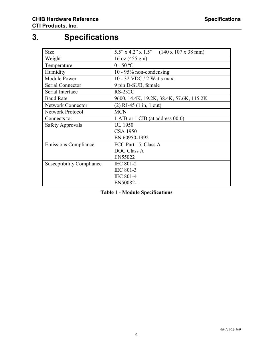 Specifications | CTI Products CHIB CommandSTAR Lite Host Interface Module User Manual | Page 8 / 22