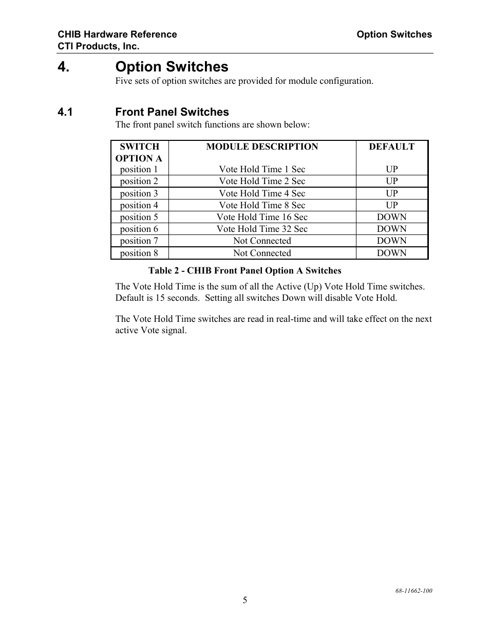 Option switches, Front panel switches | CTI Products CHIB CommandSTAR Lite Host Interface Module User Manual | Page 9 / 22