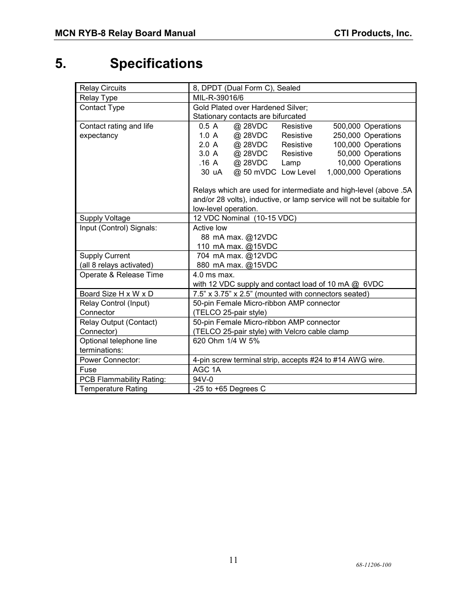 Figure 4 relay mounting panel side, Specifications | CTI Products RYB-8 Relay Board User Manual | Page 15 / 17
